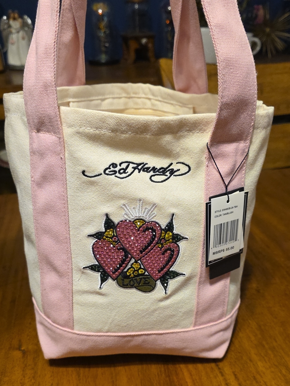 Ed Hardy Nwt Pink & Cream Heart Tote Bag